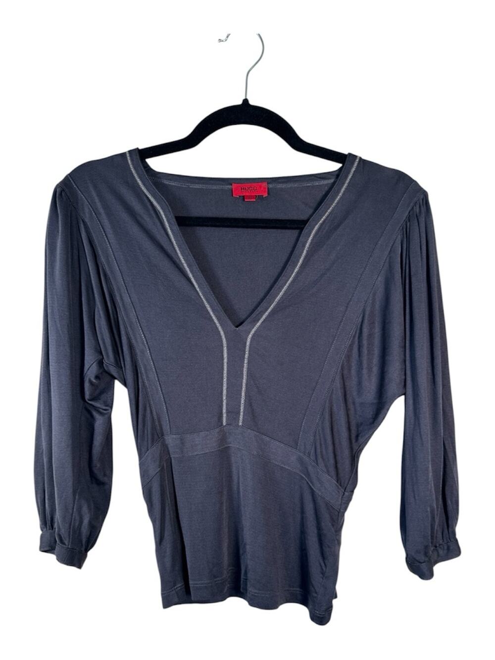 Hugo Boss Grey Silk V Neck Blouse Womens XS Boho Puff Sleeve Shirt Y2K Casual
